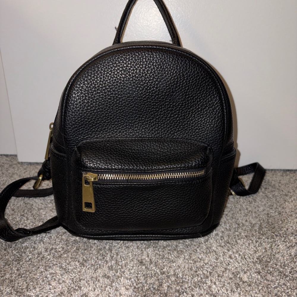 Street Level Black Pebbled Leather Mini Backpack with Gold Hardware